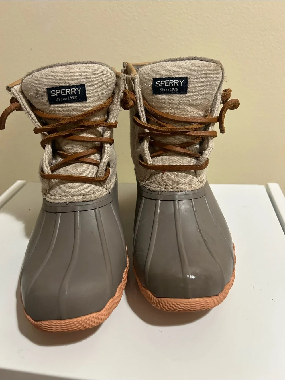 Sperry Kids Gray Rubber Duck Boots with Tan Trim